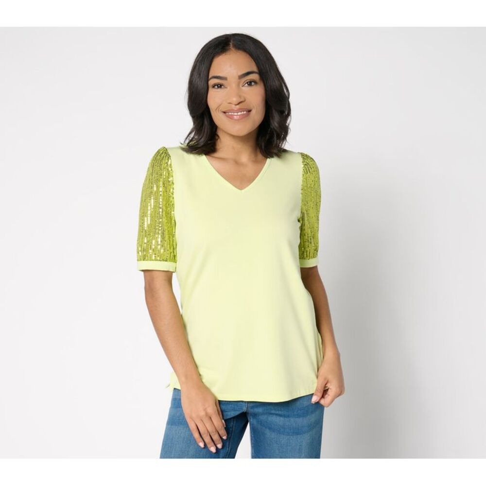 Bishop + Young Women's Top Sz 2XS (XXS) TripleLuxe Knit Shine Puff Yellow